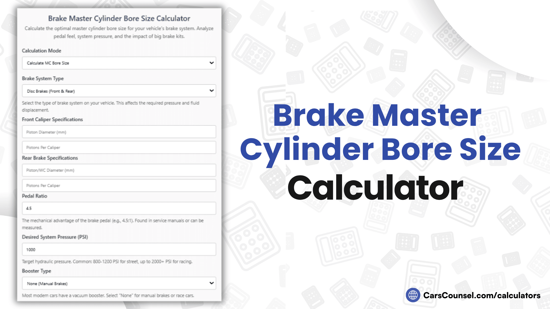 Brake Master Cylinder Bore Size Calculator