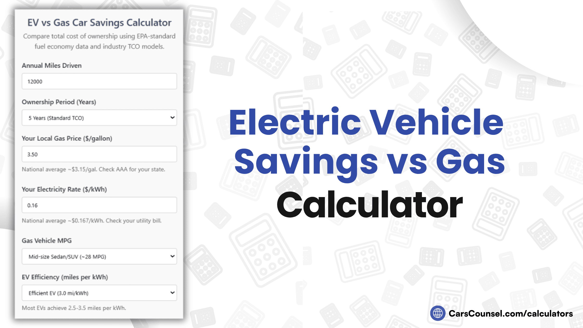 Electric Vehicle Savings Vs Gas Calculator