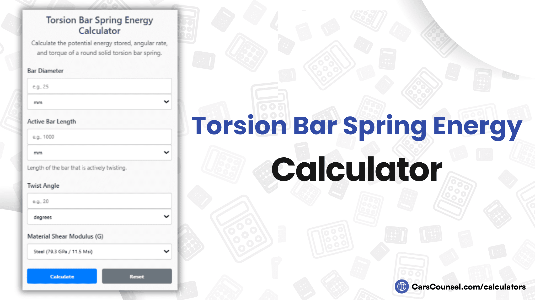 Torsion Bar Spring Energy Calculator